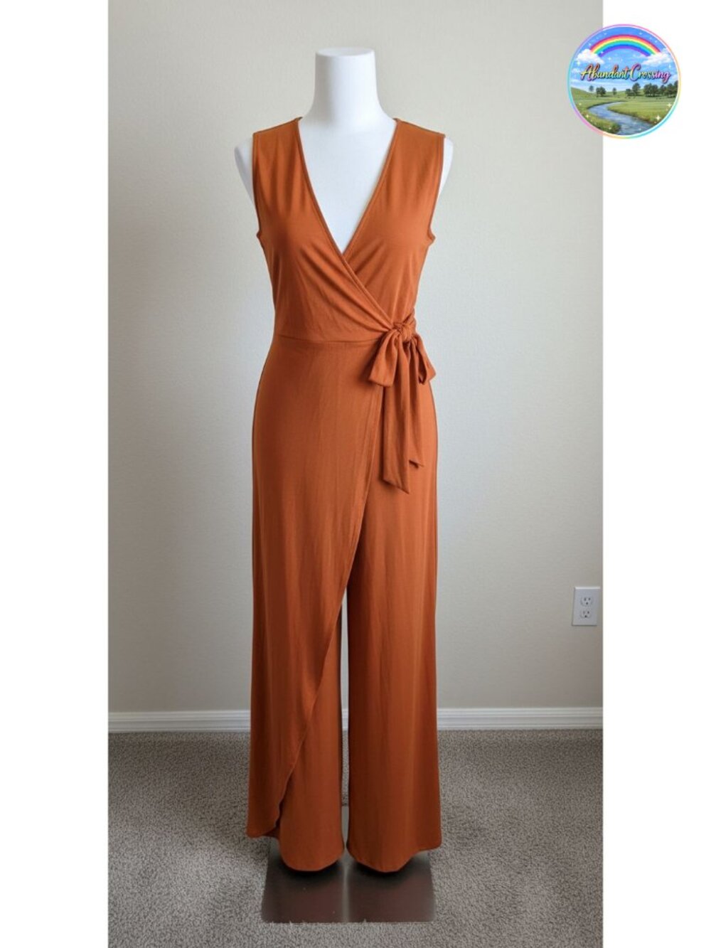 Womens Sleeveless V-Neck Wide Leg Jumpsuit Tie Waist Zip Back Casual